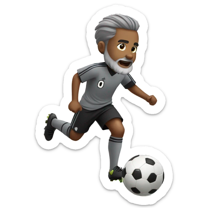small boy in gray soccer uniform and black shorts with gray beard  and hair kicking a soccer ball sticker