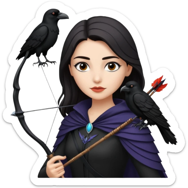 Alysanne Blackwood from Game of Thrones. She is known as black aly and is the Wife of Cregan Stark. I have her looking like Hande Erçel. Show her with a raven and a bow and arrow sticker