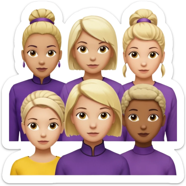 5 person team; 2 men and 3 women.  All dressed in yellow or purple.  1 caucasian woman with blonde mid length hair. 1 caucasian woman with blonde short length hair. 1 caucasian woman has ash blonde hair tied up. 1 man is African-american and bald, 1 man is caucasian and very little hair left.  
 sticker