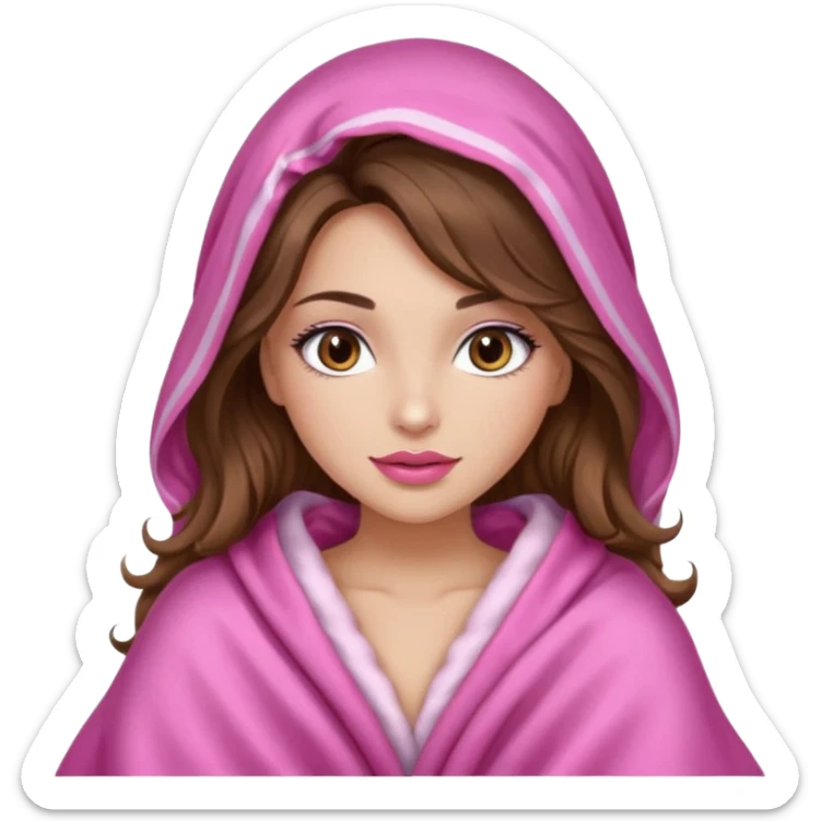 girl with long wavy brown hair, brown eyes, long lashes makeup, sexy pink lips, light to medium complexion, wearing a pink sexy silk top, big blanket over the head cozy holding a cat, remove the cat ears on the hood sticker