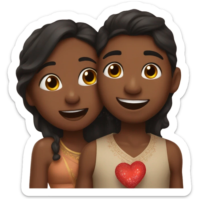 brown skin black girl kissing indian boy on the cheek with hearts around them sticker