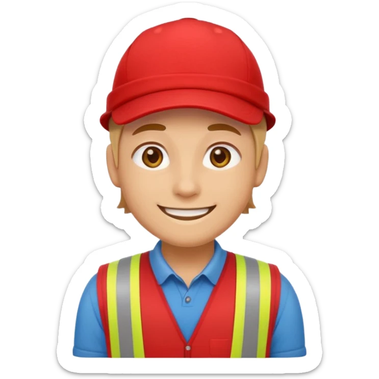friendly emoji-style character of a store worker in a red vest and red cap, smiling gently, standing neutrally, flat vector, minimal, front view, no text or logos sticker