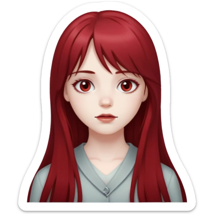 pale girl with deep red and long hair, having a long middle bang on her face, her eyes are greyish in colour sticker