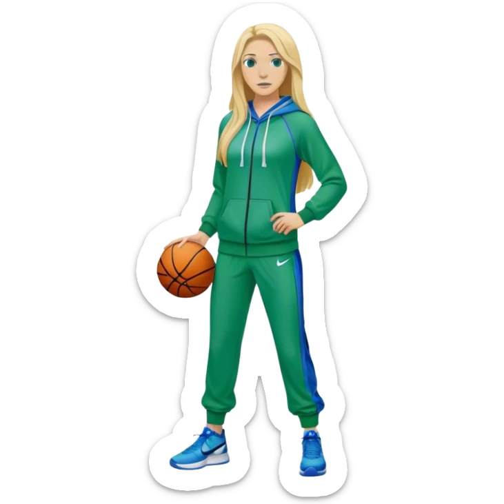 Full Body white female basketball head coach with long blonde hair in a blue and green Nike sweatsuit sticker