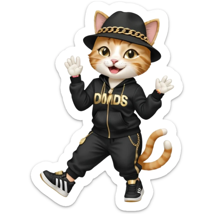 female cat dressed like Run DMC with tracksuit, fedora, Adidas shoes, lots of gold chains, rings, bracelets, earrings, laughing, looking up, no sunglasses sticker