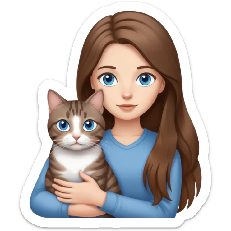 White girl with blue eyes and long brown hair, holding gray tabby cat sticker