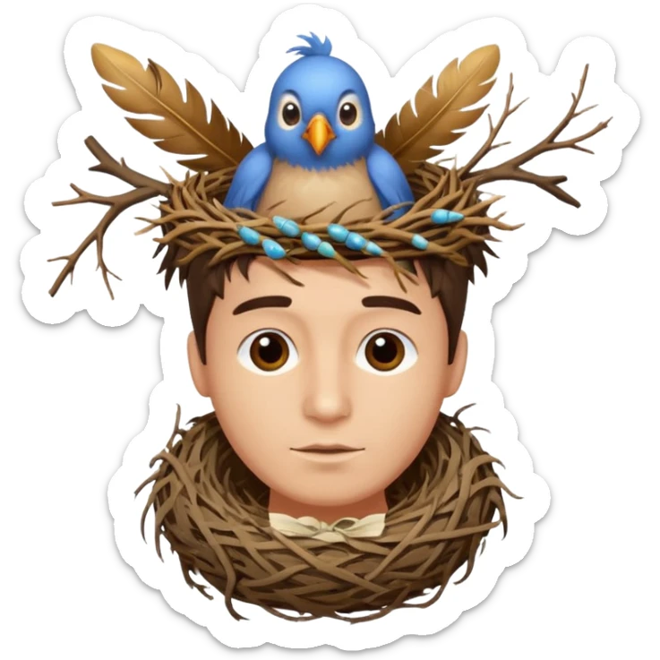 Man who has a birds nest on top of his head for hair sticker