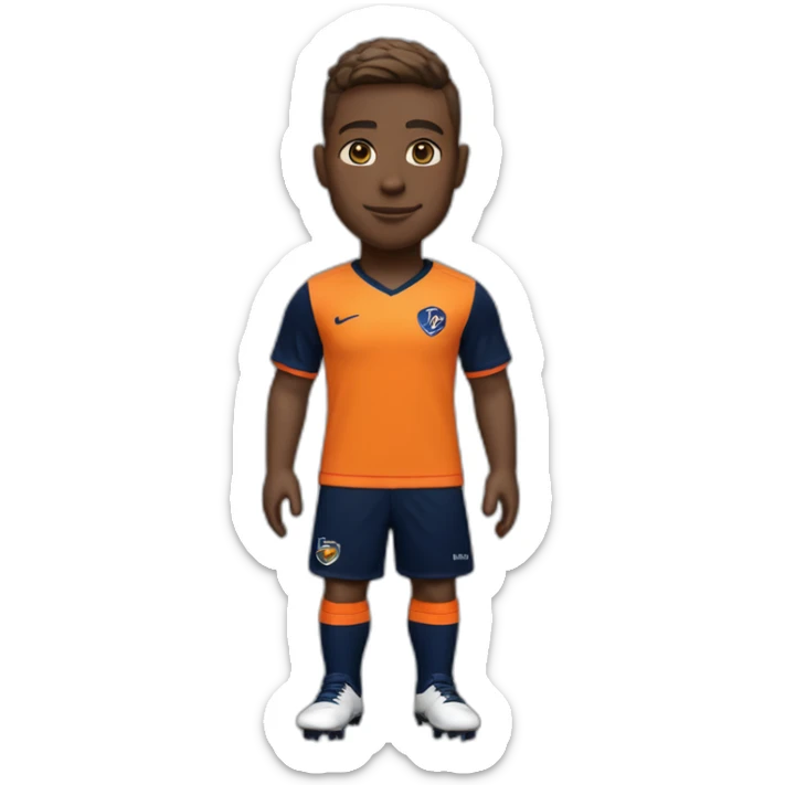 Soccer player in tangerine top with navy sleeves, navy shorts with tangerine flash, navy socks with tangerine flash  and orange kit sticker