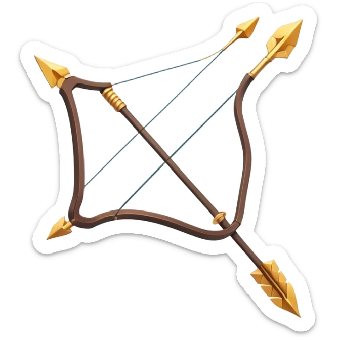 Clash of Clans aesthetic: Cinematic Playful 3D Isometric Bow & Arrows Emoji, rendered in a 3D vector-style similar to standard emojis with minimal shading and bold, simplified shapes. A compact, distinct form with signature details, softly glowing with a fantasy RPG magic charm. Simplified yet unmistakably iconic, highly detailed and consistent, glowing with a soft radiance and high shine. Stylized with a touch of heroic grandeur and a soft glowing outline, capturing the essence of a beloved gaming relic with a friendly, playful manner! sticker