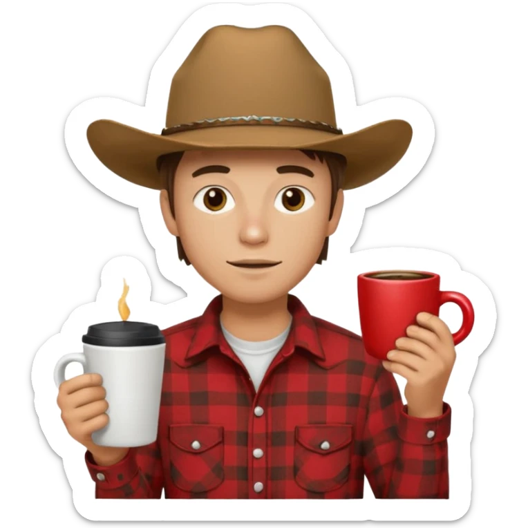 generate an ios genmoji of a 20 year old tan boy with a cowboy hat and side burns. Wearing a flannel and carrying a coffee mug sticker