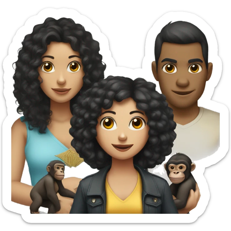 a woman with a monkey and a gorilla on her shoulder, the girl has black curly hair, light skin  sticker