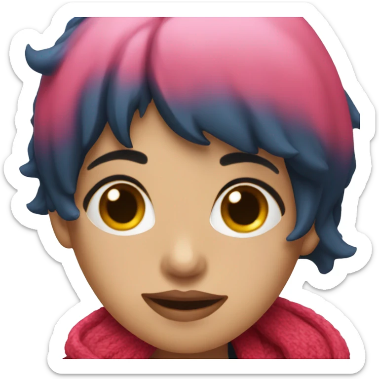 A pink woman with messy black short hair, two red horns wearing a blue cardigan sticker