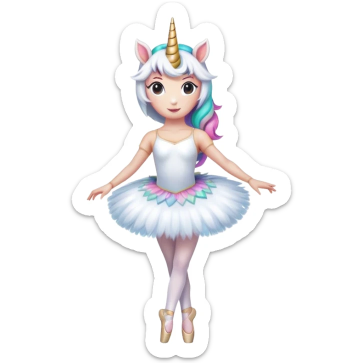 head and shoulders of an anthropomorphised female unicorn ballerina, straight on view, standard pose, clearly a unicorn, apple emoji style sticker