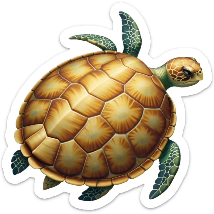 Cinematic Noble Sea Turtle Portrait Emoji, Poised and wise, with a majestic, domed shell adorned with rich, textured patterns and a smooth, ancient body gliding gracefully through the water, deep, reflective eyes exuding calm wisdom, Simplified yet sharp and sophisticated features, highly detailed, glowing with a soft, oceanic glow, high shine, intelligent and graceful, stylized with an air of timeless marine majesty, focused and serene, soft glowing outline, capturing the essence of a watchful and confident sea guardian that appears ready to glide out of the screen with effortless authority! sticker