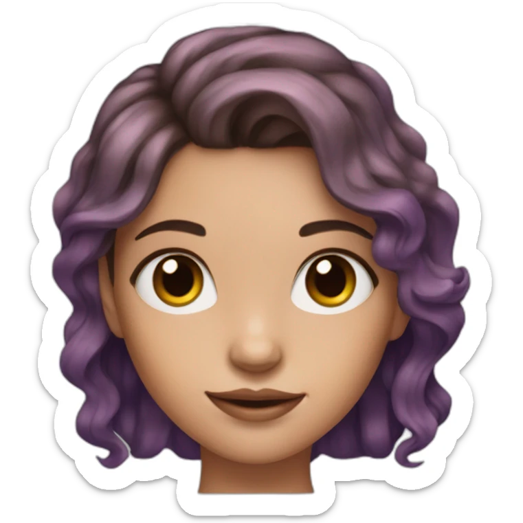 a girl with brown hair, freckles, fair skin, paper clip earrings, purple eyshadow sticker