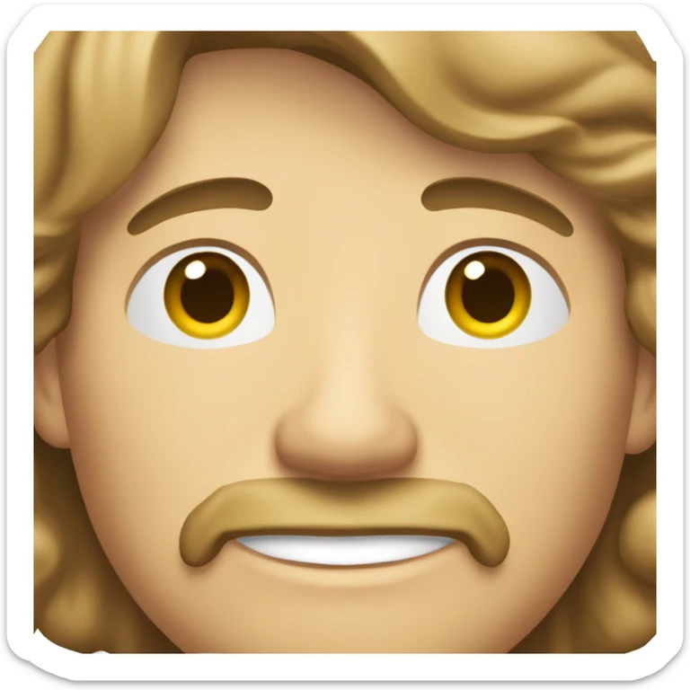 Man with light skin, Caucasian, shoulder-length wavy light brown hair, beard, mustache, friendly smile. sticker