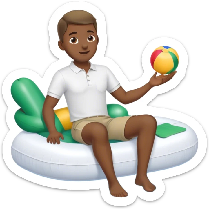 Pool attendant. white polo shirt. khaki shorts. african. sitting on a swimming pool float sticker