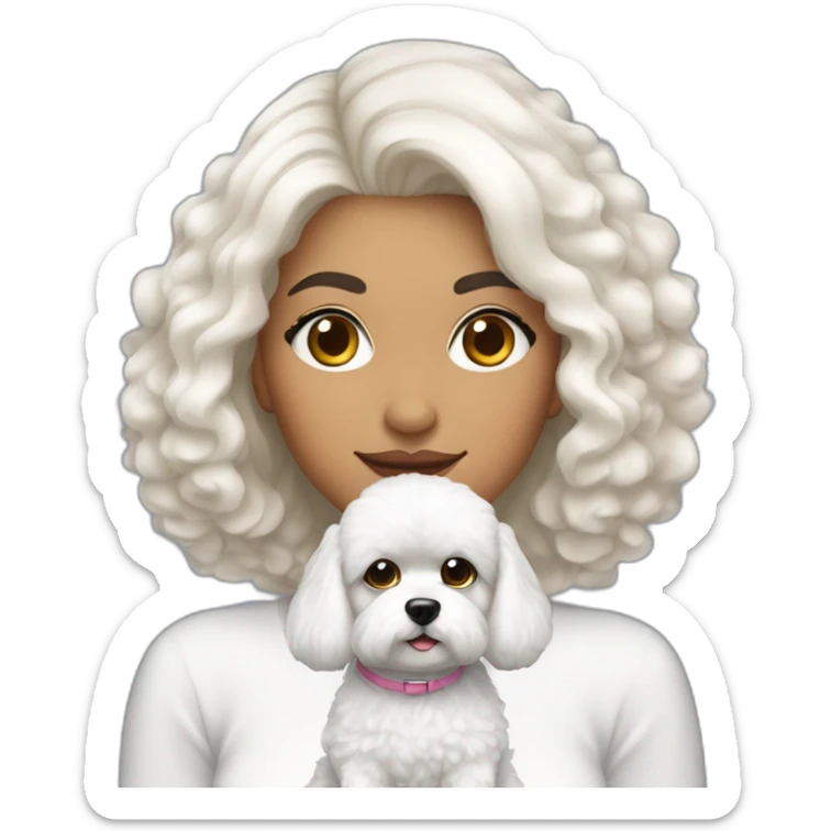 mujer piel blanca pelo negro con peinado de moño y perro bichon maltés blanco sticker