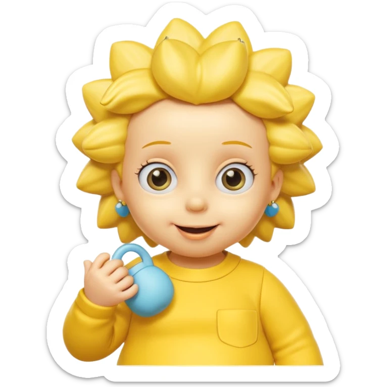A 3D cartoon baby character fully yellow skin, styled like Maggie Simpson, with pacifier, big eyes, smooth shading, Memoji-style rendering, consistent with other yellow Simpsons characters. sticker