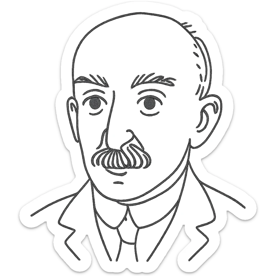 a hand drawn black outline portrait of philosopher Henri Bergson with similar-sized eyes based a famous photograph of him sticker
