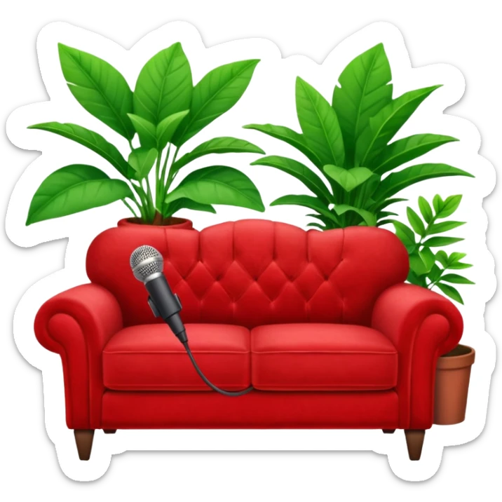 front view of a red velvet couch with a mic in front and a houseplant in the background sticker