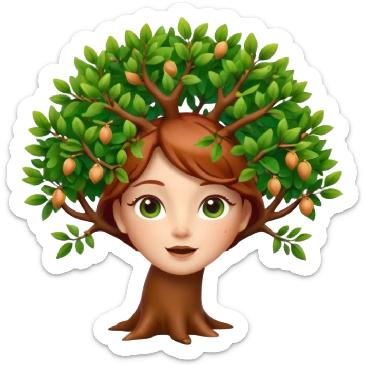 Style memoji iphone. Un petit sapin vert sylvestre, féminin, regard malicieux, tâches de rousseurs délicates, joues roses. Yeux de biche brillants en forme amande, yeux couleur ambre, tronc couleur acajou. Sapin en mouvement, incurvé pour un effet vivant. sticker