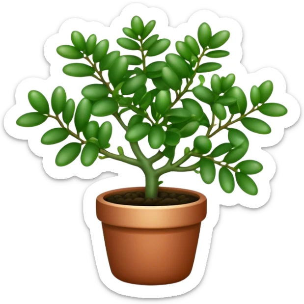 Cinematic Realistic Jade Plant Emoji, Thick and glossy, with dark green, round leaves that shine under the light. The sturdy stems and vibrant foliage give a sense of prosperity and tranquility. Soft glowing outline, capturing the essence of good luck, growth, and natural elegance in a flourishing jade plant! sticker