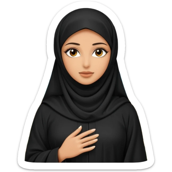 A beautiful woman in a modern black abaya and niqab, only her stunning eyes are visible. Standing in an outdoor garden with palm trees. Realistic photo, natural light, soft focus background. sticker