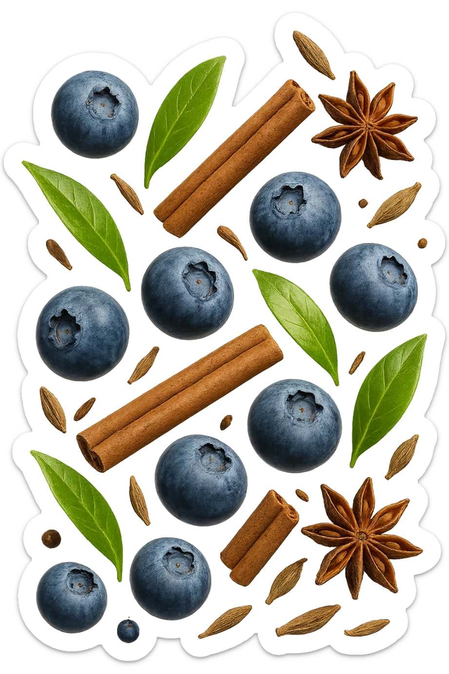 mirtilli, thè verde, spezie, fluttuano in aria, iperrealistico 4k sticker