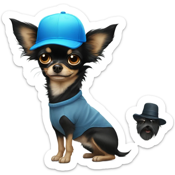 all black long haired Chihuahua held by old man with blue eyes goatee in ball cap sticker