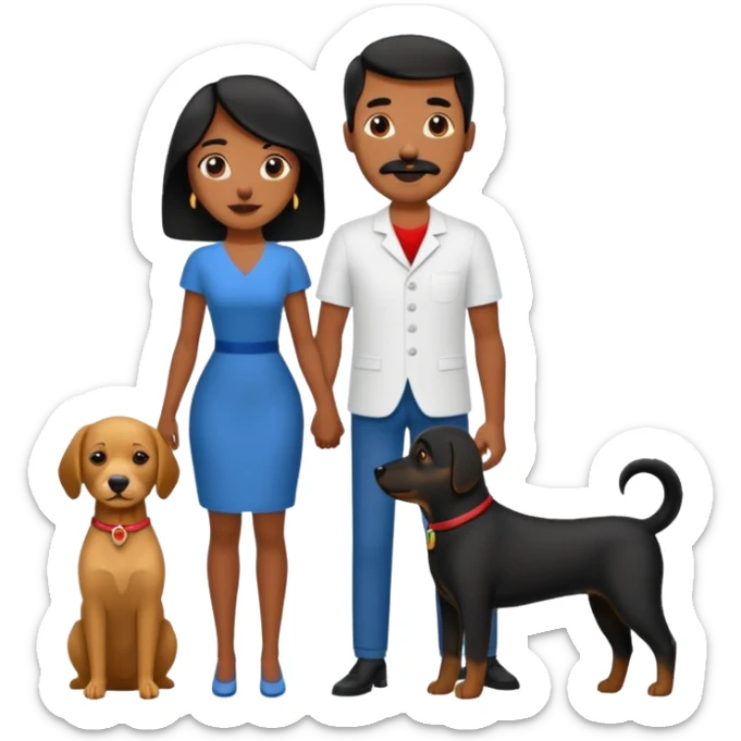 Pareja de novios, pelo negro ambos, y con dos perritos pincher en brazos, el hombre sin bigote y la mujer con pelo largo sticker