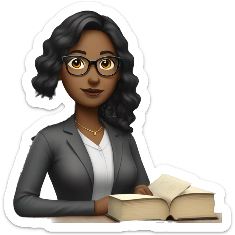 Woman teacher black long hair black glasses with book sticker