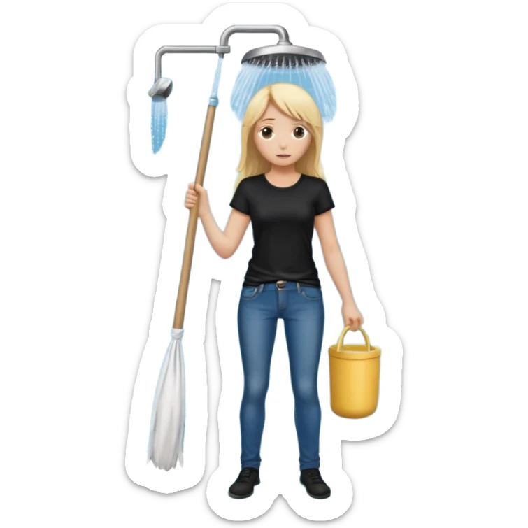 Bdsm male dominant wearing jeans black T-shirt and holding a flogger watching from outside blonde long hair sub with a collar showering with suds all over her sticker
