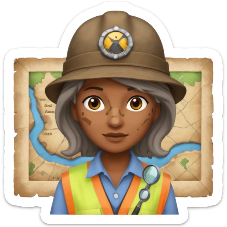 Make the female archaeologist look older with visible signs of age such as wrinkles and gray streaks in her hair. Keep her brown skin, archaeologist hat, and the small map beside her. Maintain the same emoji style with a transparent background. sticker