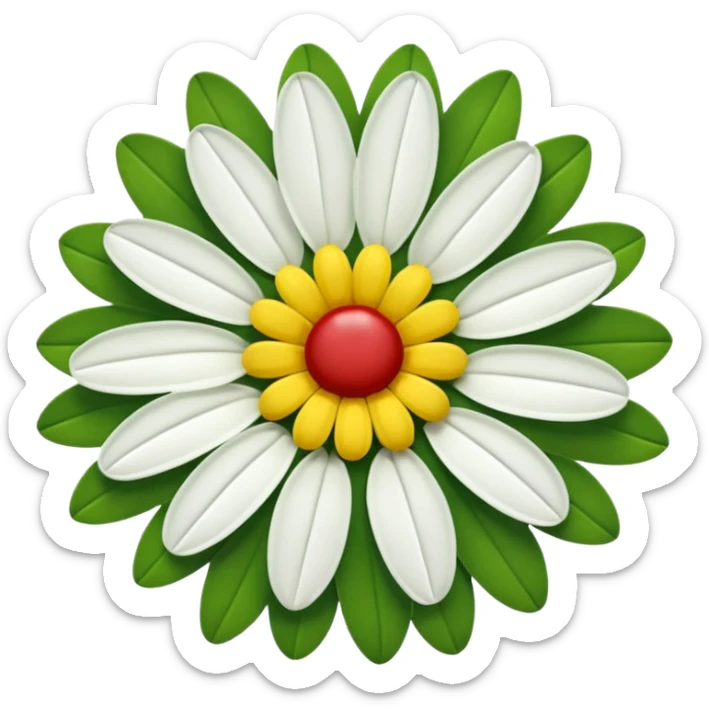 A fifteen-petalled daisy with green, red and white petals and a yellow centre.
Only the face of the daisy should be visible. sticker