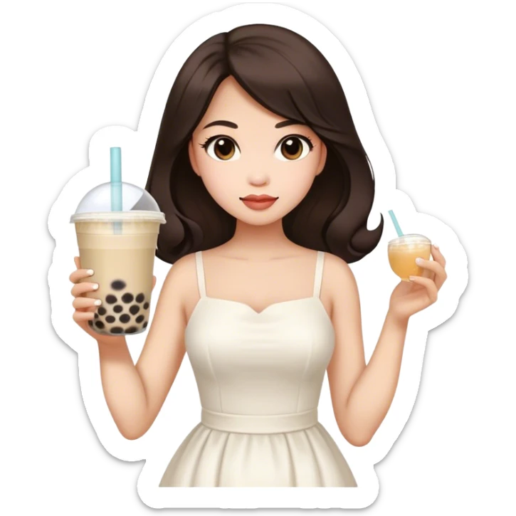 Beautiful woman in 1965’s woman fashion look, white dress, long dark brown hair, bubble tea sticker