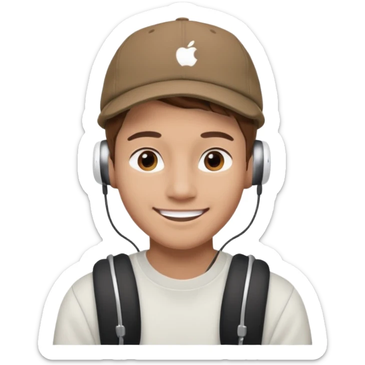 Only the head of a young guy with brown hair smiling with airpods in his ears and a cap on his head turned back. sticker
