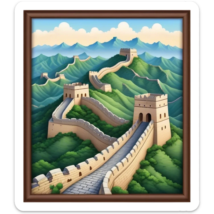 Cinematic Realistic Great Wall of China Landmark Emoji, depicted as ancient fortifications winding across majestic mountains, rendered with intricate detail and dramatic lighting. sticker