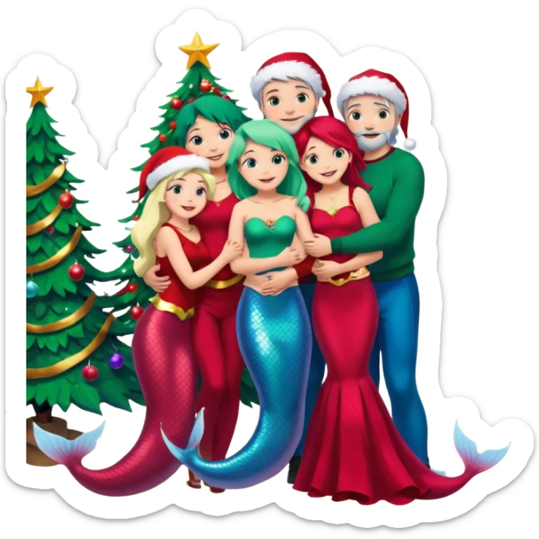 Generate Christmas-style emojis  family. Where light-skinned people stand near the tree all together, hugging and smiling.  girl should be Light-haired woman, mermaid woman, black-haired woman, and 1 man . Add 4 people: Mother, Sister, Sister, Brother  sticker