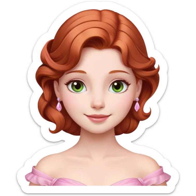 Cinematic Radiant Sleeping Beauty Portrait Emoji, rendered in a realistic, vector style with clean proportions. Show Aurora with a gentle smile, porcelain skin, and beautifully styled auburn hair, wearing her classic pink gown. The image glows with a soft, inviting radiance and high shine, accentuated by a soft glowing outline that enhances her graceful charm. sticker