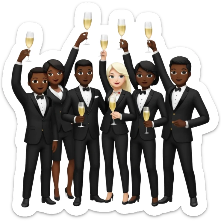 Un equipo cin trajes negros, personas blancos y negros de ventas celebrando un logro con un brindis. El fondo negro totalmente  sticker