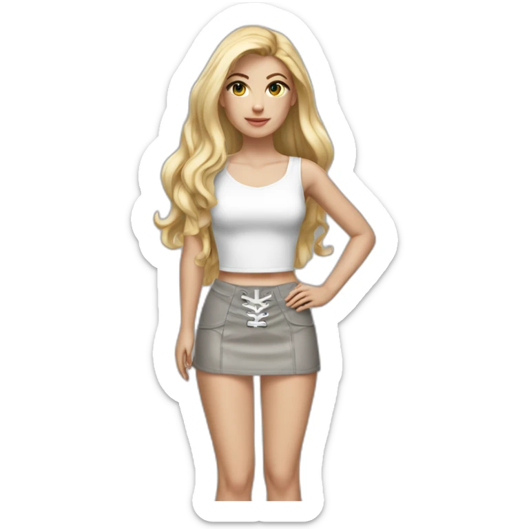 hyperrealistic caucasian female, long straight blonde hair, white lace up crop top, grey tight mini skirt sticker