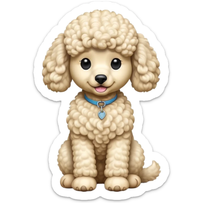 cinematic-[poodle]-realistic-full-body-sitting-emoji,-tail-resting-loosely-beside-its-paws,-head-tilted-dramatically, -curly-[cream]-fur,-simplified-yet-realistic-focused-features,-highly-detailed,-glowing-with-an-almost-sarcastic-glow sticker