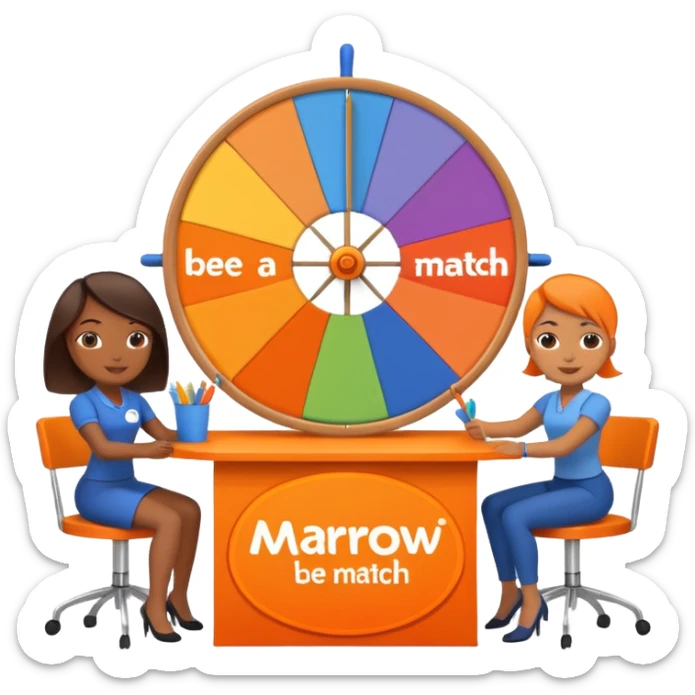 pple-style emoji of a recruitment booth. Two cartoon figures stand behind an orange table with 'MARROW, be a match' branding, a colorful spinning wheel, and a branded vertical banner. Simplified and cute sticker