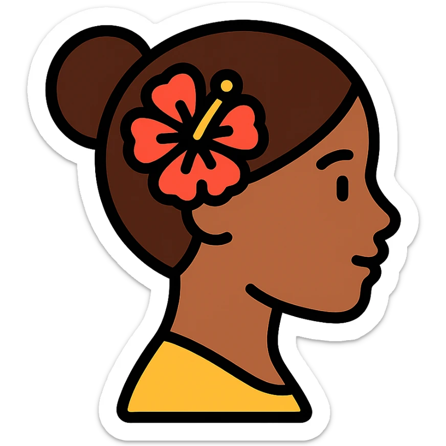 black girl side profile, brown hair in a bun, Hawaiian flower in hair sticker