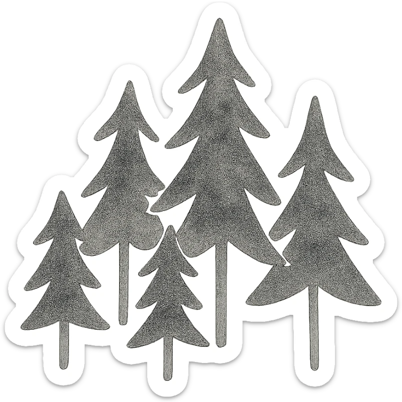 illustration of evergreen trees in folk art style, dark neutral forest color tones, watercolor texture with outlines, transparent background, suitable for favicon sticker