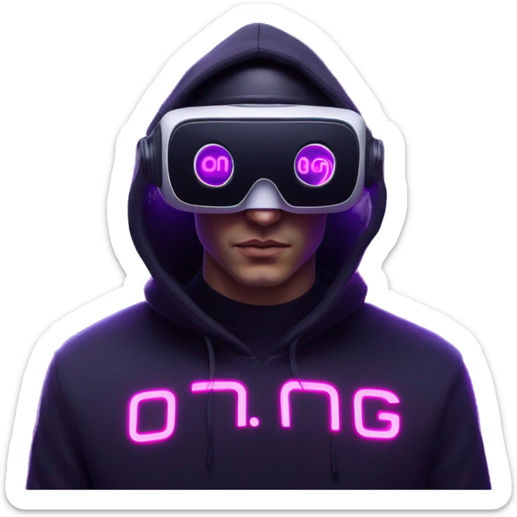 Russian man wearing a black hoodie with "OMG" letters on it and VR headset in a cyberpunk VR environment with violet neon lighting. sticker