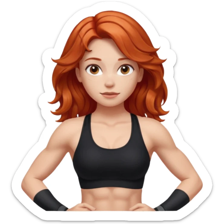 Athletic girl with long light red wavy hair and smaller boobs bigger arms. middle part and black sports bra sticker