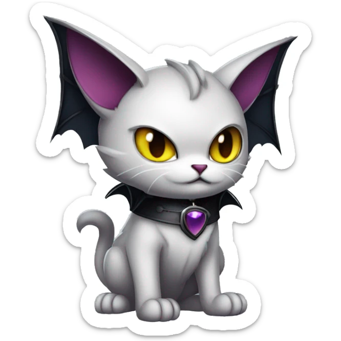  cool edgy fantasy dark-themed animal vampiric cat-hybrid Fakemon with fangs and bat-wing-ears with a collar full body sticker