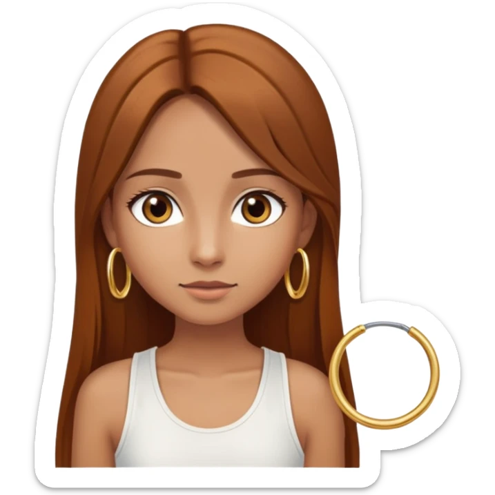 Tan-skinned girl, long straight chestnut hair center-part, big brown eyes, gold hoops, white tank sticker